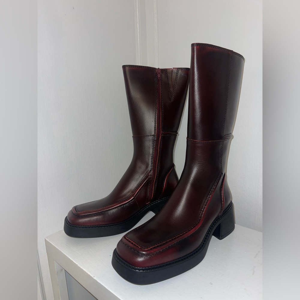 Miista Women's Burgundy Leather Mid-Calf Platform Boots